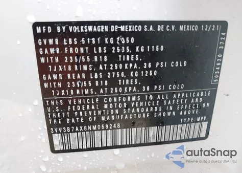 2022 Volkswagen Tiguan 2.0T Se from USA, damaged, VIN 3VV3B7AX8NM059248